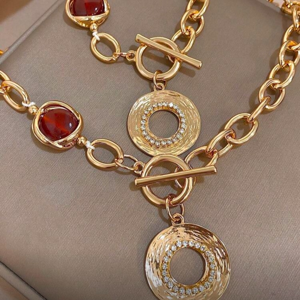 Gold-Tone Red Gem Toggle Necklace